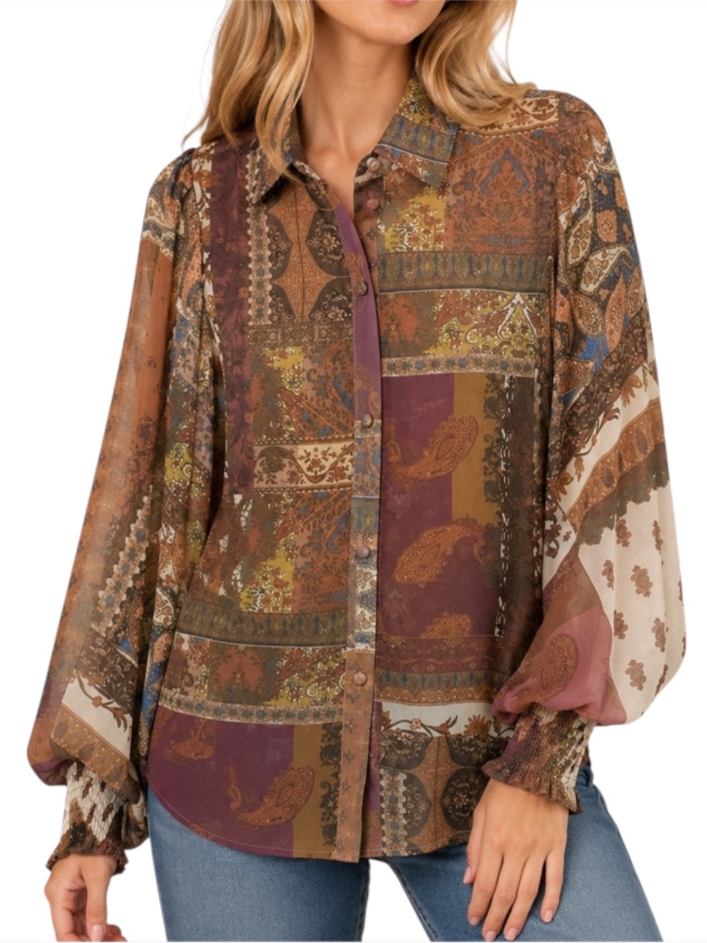 Bluivy Womens Sheer Patchwork Blouse Boho Balloon Sleeve Button Down Medium